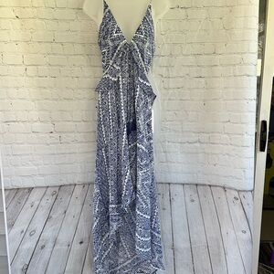 Paradise Blue Printed V-Neck Maxi Dress